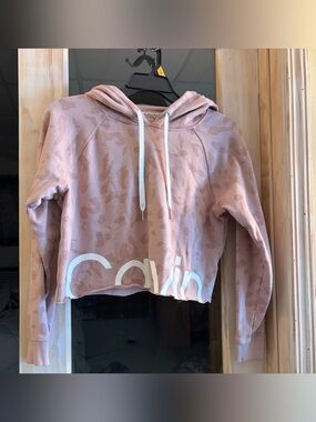 Calvin Klein Pink Cropped Hoodie Sweater With Cheetah Print Design